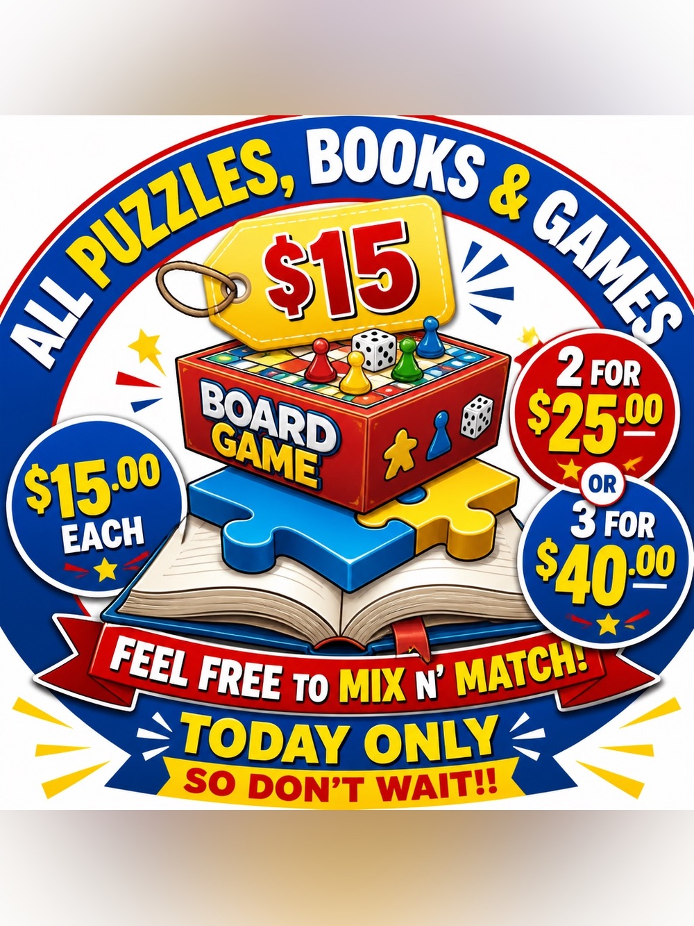 All Puzzles, Books & Games Sale!! Today Only!